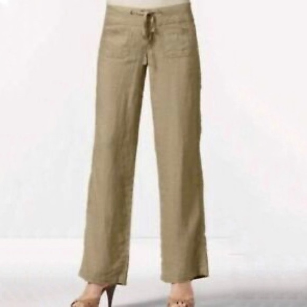 CABI Tan Linen Mid Rise Wide Leg Pants